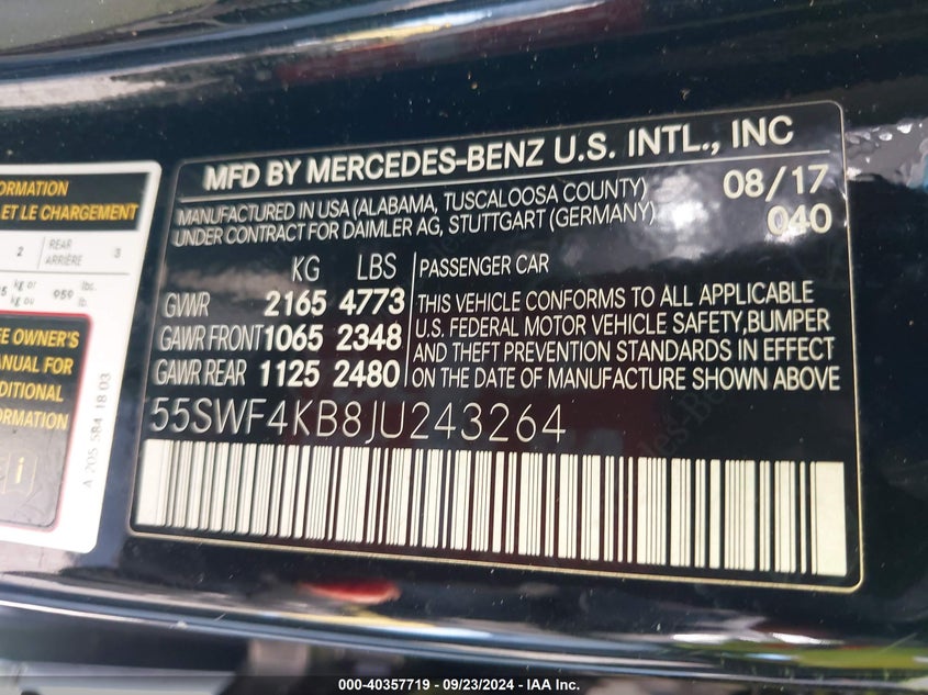 VIN 55SWF4KB8JU243264 2018 MERCEDES-BENZ C 300 4MATIC