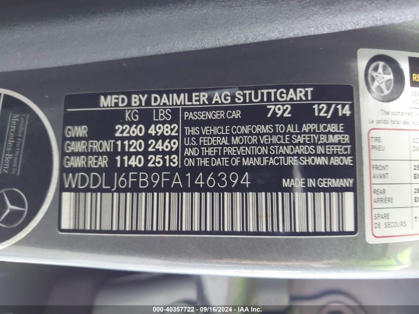 WDDLJ6FB9FA146394 2015 Mercedes-Benz Cls 400