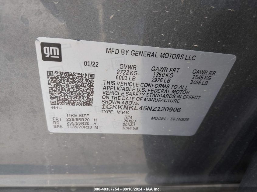 2022 GMC Acadia Fwd Sle VIN: 1GKKNKL45NZ120906 Lot: 40357754