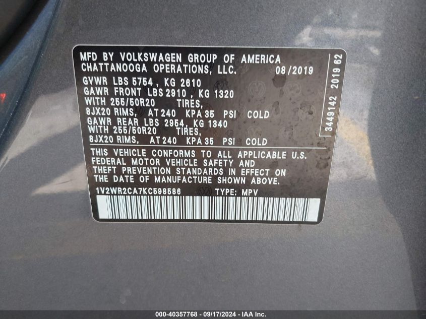 1V2WR2CA7KC598586 2019 Volkswagen Atlas 3.6L V6 Se W/Technology