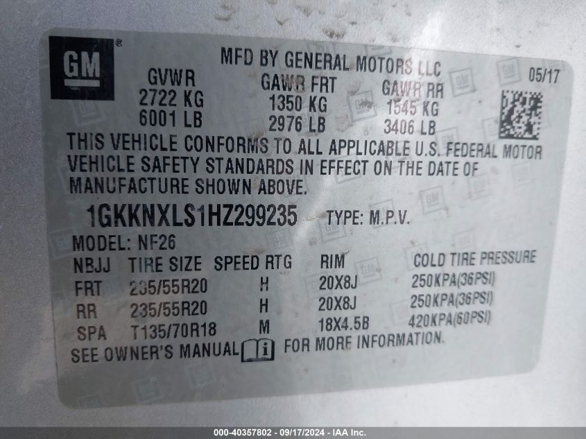 1GKKNXLS1HZ299235 2017 GMC Acadia Denali