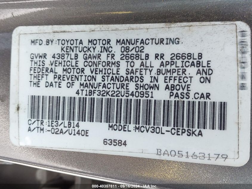 4T1BF32K22U540951 2002 Toyota Camry Se V6