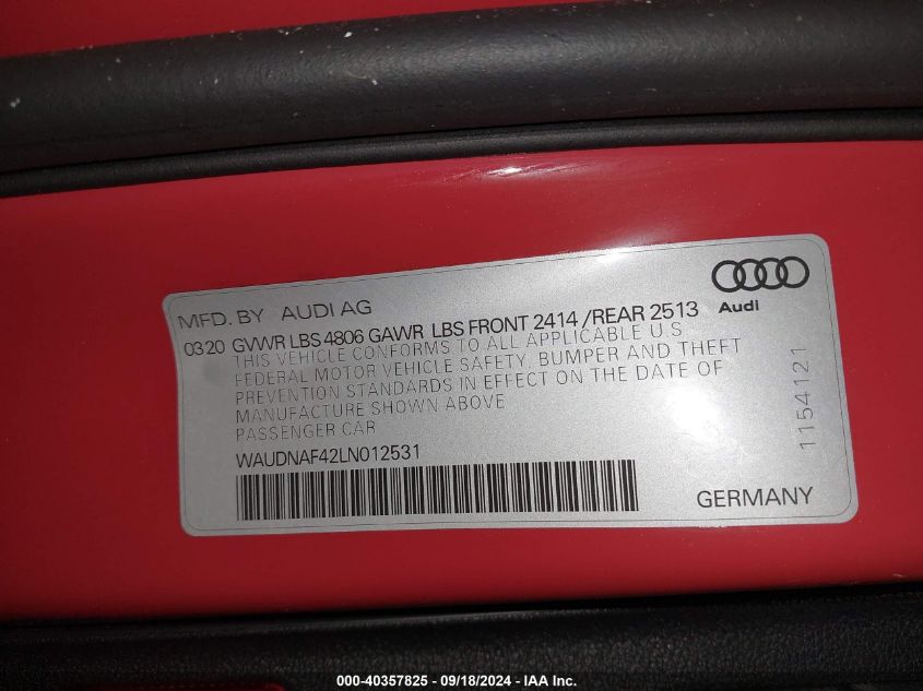 2020 Audi A4 Premium 45 Tfsi Quattro S Tronic VIN: WAUDNAF42LN012531 Lot: 40357825