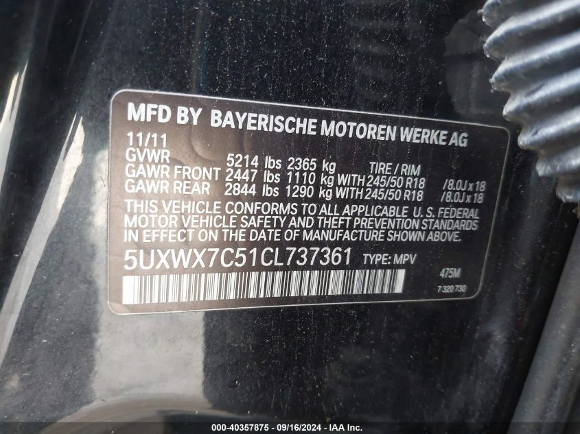 2012 BMW X3 xDrive35I VIN: 5UXWX7C51CL737361 Lot: 40357875