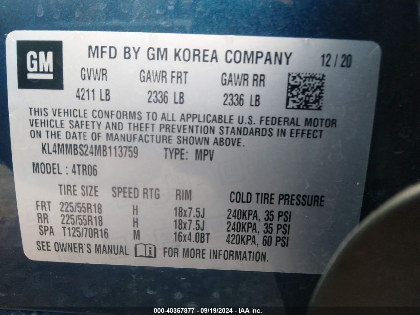 2021 Buick Encore Gx Fwd Preferred VIN: KL4MMBS24MB113759 Lot: 40357877