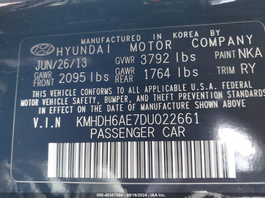 2013 Hyundai Elantra Gs VIN: KMHDH6AE7DU022661 Lot: 40357884