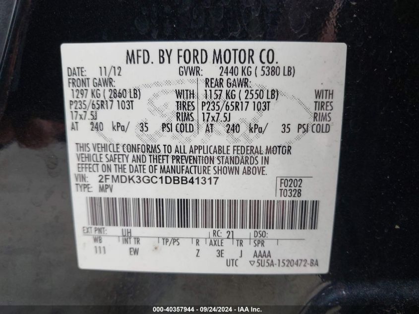 2013 Ford Edge Se VIN: 2FMDK3GC1DBB41317 Lot: 40357944