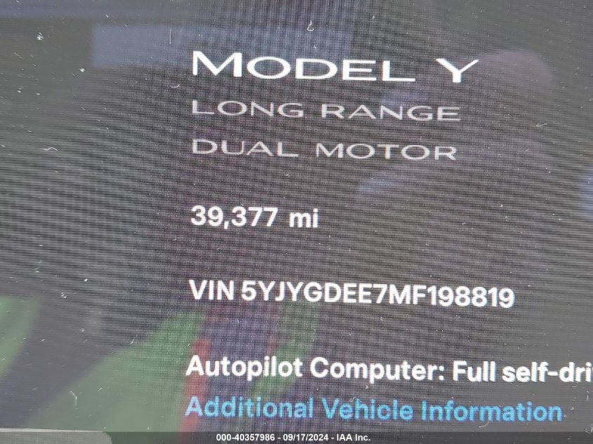 2021 Tesla Model Y Long Range Dual Motor All-Wheel Drive VIN: 5YJYGDEE7MF198819 Lot: 40357986