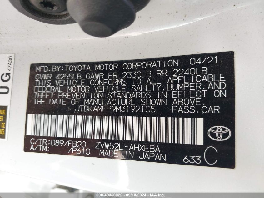 2021 Toyota Prius Prime Le VIN: JTDKAMFP9M3192105 Lot: 40358022