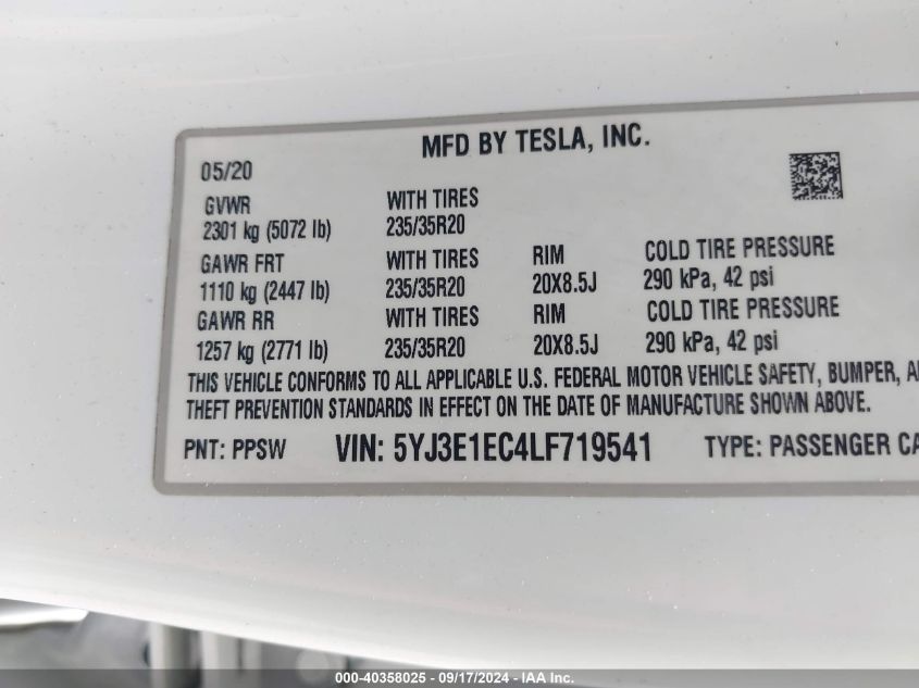 2020 Tesla Model 3 Performance Dual Motor All-Wheel Drive VIN: 5YJ3E1EC4LF719541 Lot: 40358025