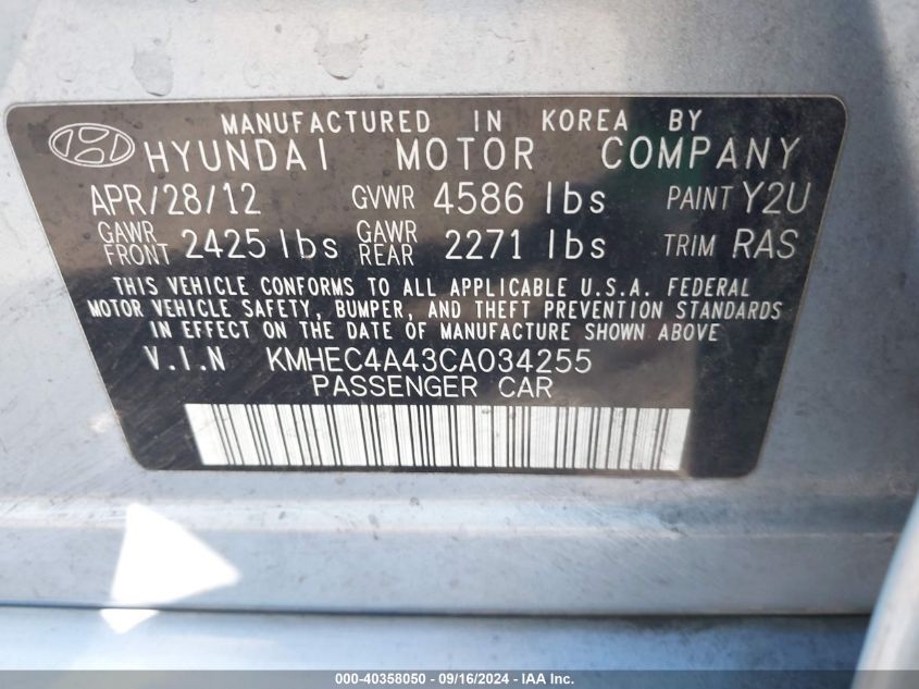 2012 Hyundai Sonata Hybrid VIN: KMHEC4A43CA034255 Lot: 40358050