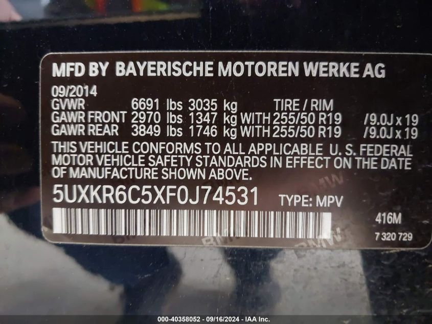 2015 BMW X5 xDrive50I VIN: 5UXKR6C5XF0J74531 Lot: 40358052