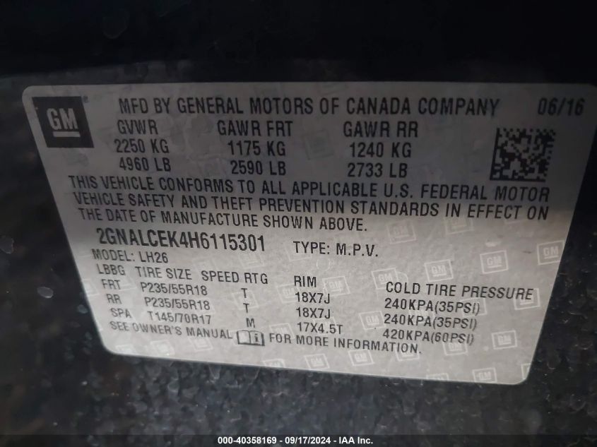 2GNALCEK4H6115301 2017 Chevrolet Equinox Lt