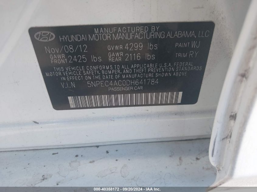 5NPEC4AC0DH641784 2013 Hyundai Sonata Se