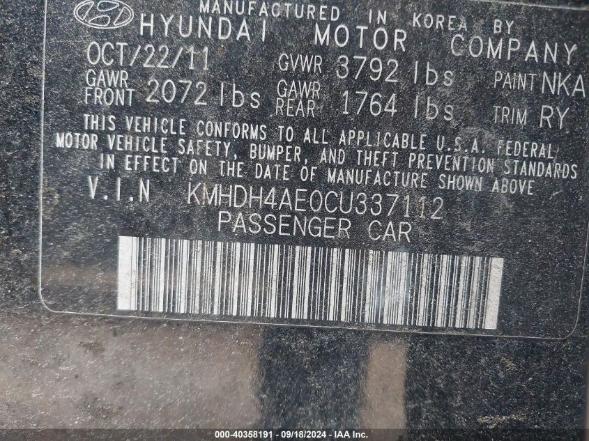 2012 Hyundai Elantra Limited (Ulsan Plant) VIN: KMHDH4AE0CU337112 Lot: 40358191