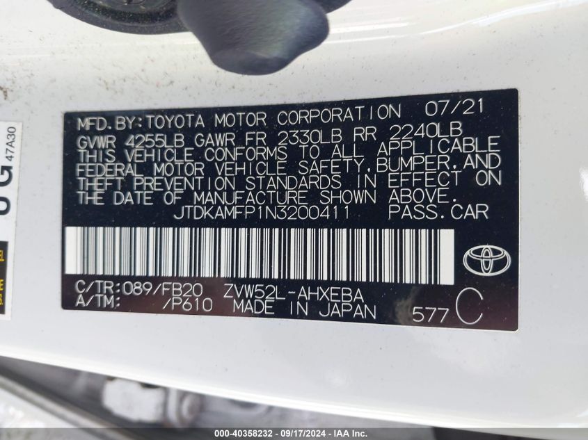 2022 Toyota Prius Prime Le VIN: JTDKAMFP1N3200411 Lot: 40358232