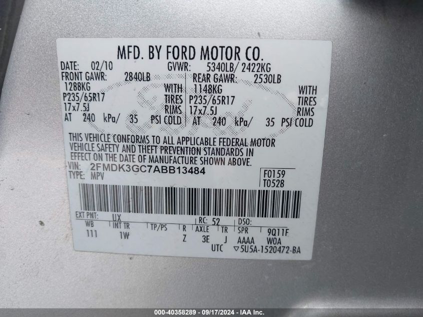 2010 Ford Edge Se VIN: 2FMDK3GC7ABB13484 Lot: 40358289