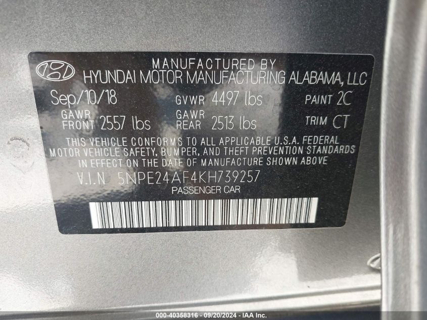 5NPE24AF4KH739257 2019 Hyundai Sonata Se