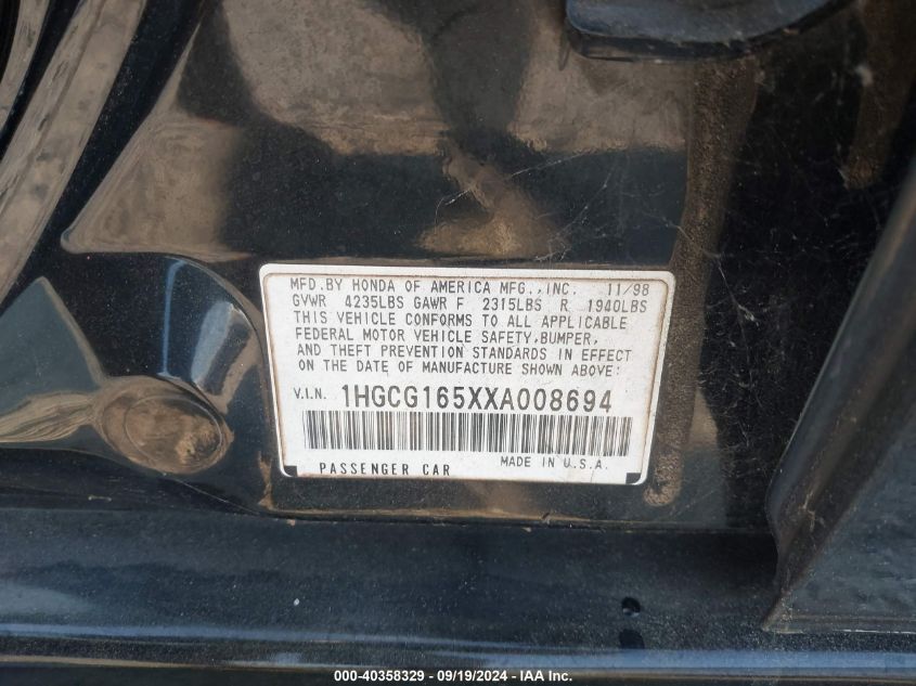 1HGCG165XXA008694 1999 Honda Accord Ex V6