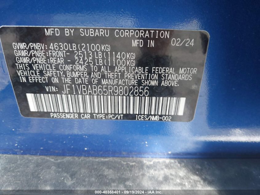 2024 Subaru Wrx VIN: JF1VBAB65R9802856 Lot: 40358401