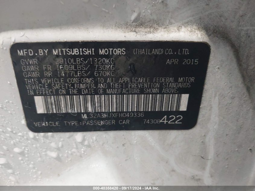 2015 Mitsubishi Mirage De/Rf VIN: ML32A3HJXFH049336 Lot: 40358420