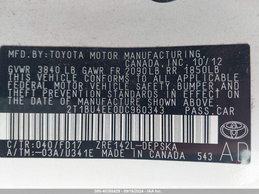 2013 TOYOTA COROLLA S - 2T1BU4EE0DC960343