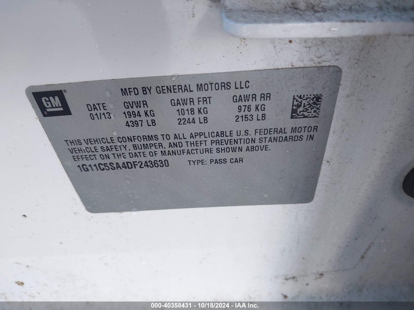 2013 Chevrolet Malibu 1Lt VIN: 1G11C5SA4DF243630 Lot: 40358431