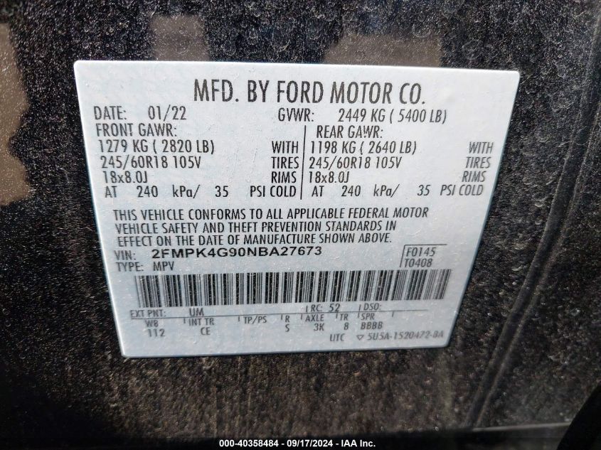 2022 Ford Edge Se VIN: 2FMPK4G90NBA27673 Lot: 40358484