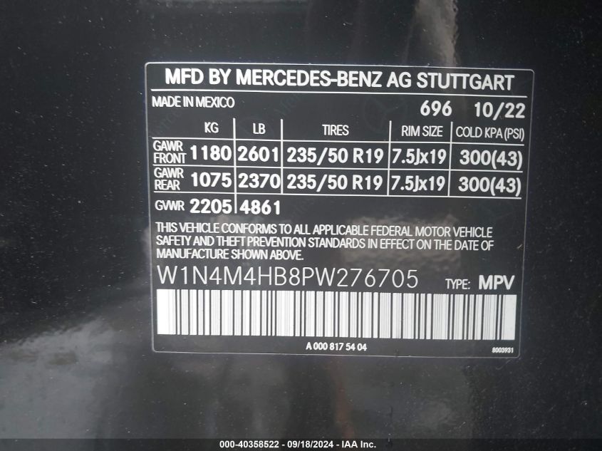 2023 Mercedes-Benz Glb 250 4Matic VIN: W1N4M4HB8PW276705 Lot: 40358522