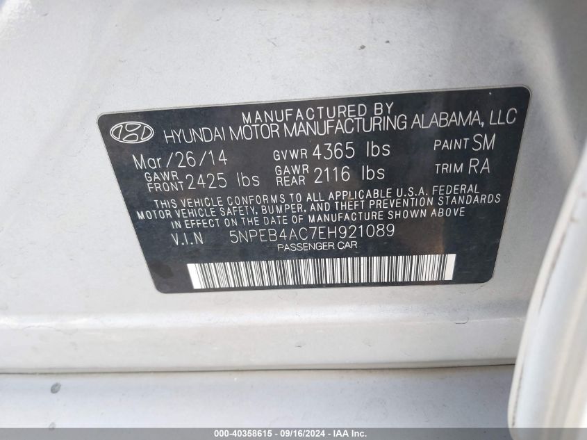 2014 Hyundai Sonata Gls VIN: 5NPEB4AC7EH921089 Lot: 40358615