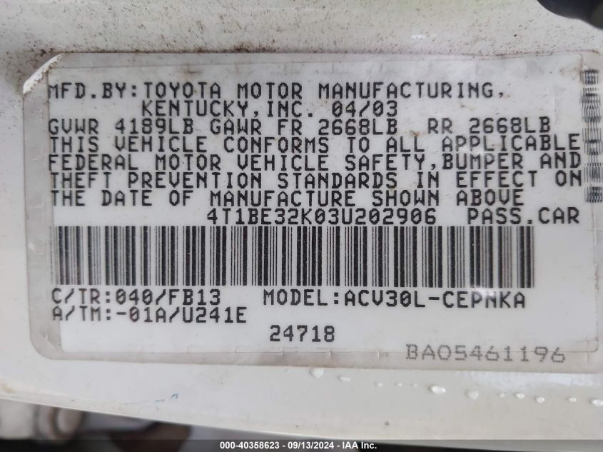 4T1BE32K03U202906 2003 Toyota Camry Le