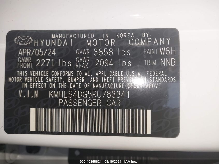 2024 Hyundai Elantra Sel VIN: KMHLS4DG5RU783341 Lot: 40358624