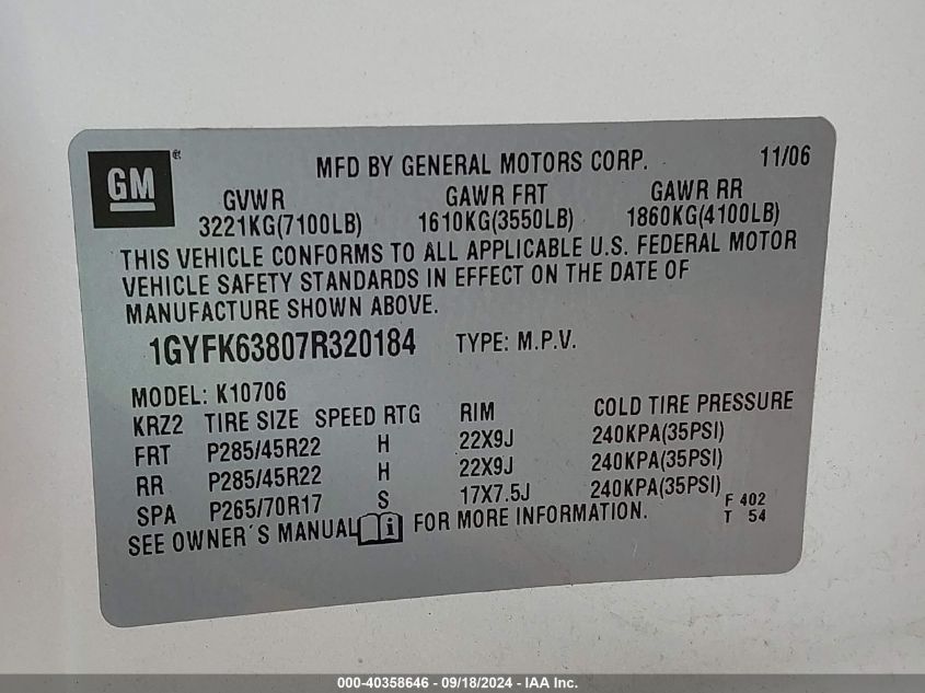 1GYFK63807R320184 2007 Cadillac Escalade Standard