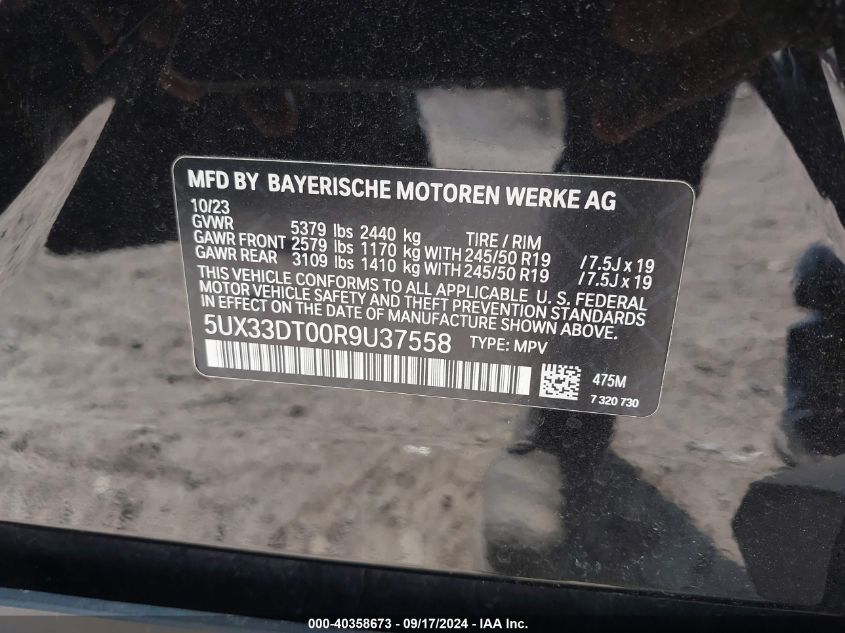 2024 BMW X4 xDrive30I VIN: 5UX33DT00R9U37558 Lot: 40358673