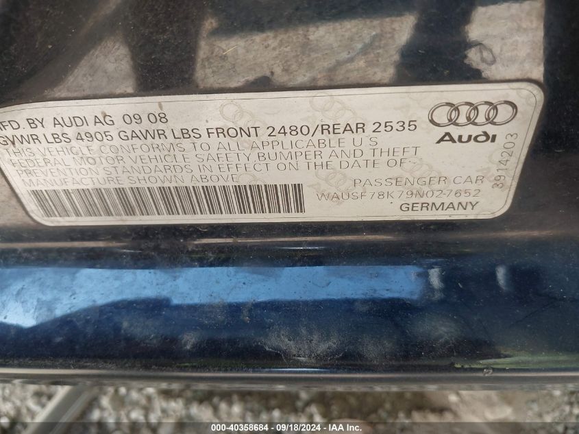 2009 Audi A4 2.0T Premium VIN: WAUSF78K79N027652 Lot: 40358684