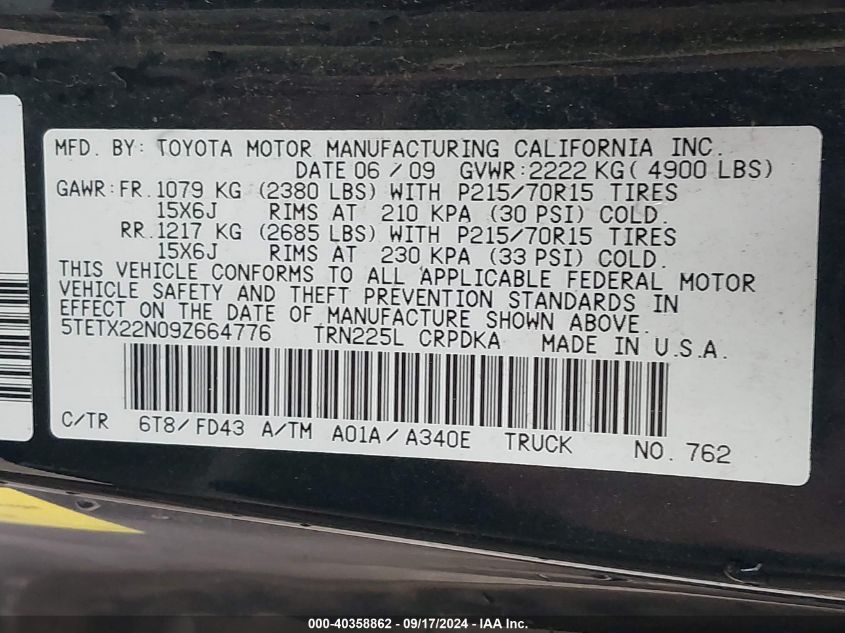 2009 Toyota Tacoma VIN: 5TETX22N09Z664776 Lot: 40358862