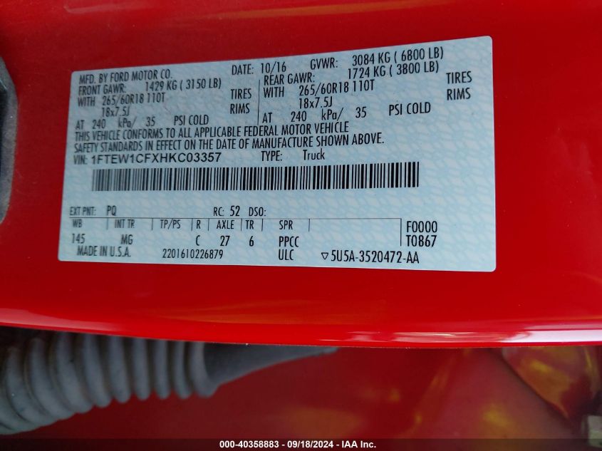 2017 Ford F-150 Xlt VIN: 1FTEW1CFXHKC03357 Lot: 40358883