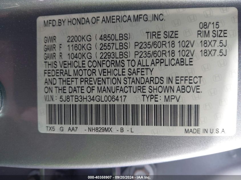 5J8TB3H34GL006417 2016 Acura Rdx Acurawatch Plus Pkg