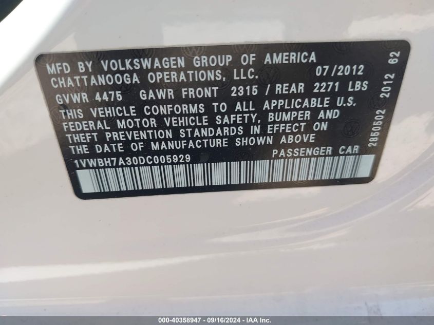 2013 Volkswagen Passat 2.5L Se VIN: 1VWBH7A30DC005929 Lot: 40358947