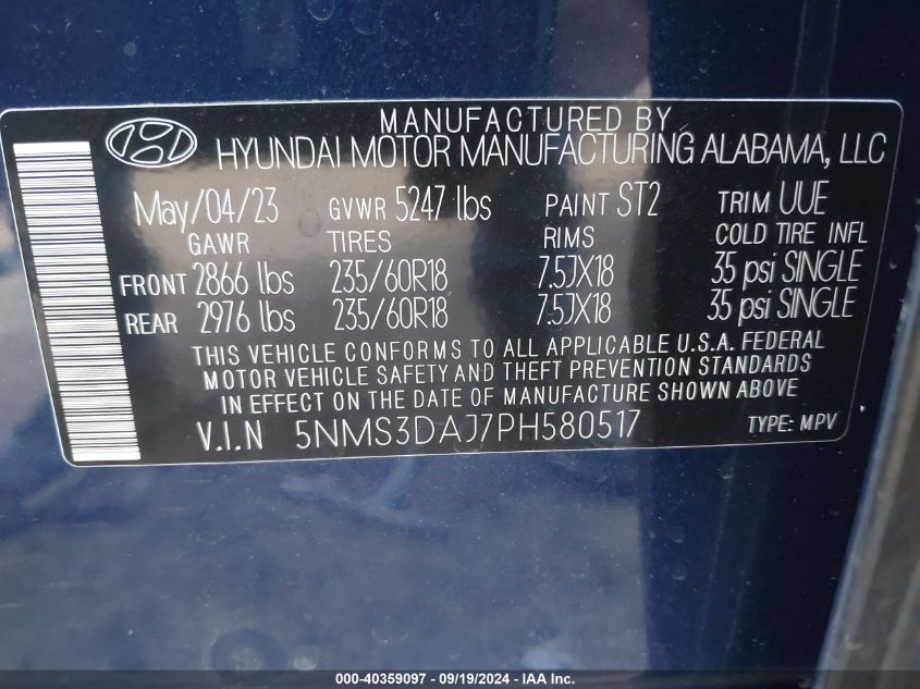 2023 Hyundai Santa Fe Sel VIN: 5NMS3DAJ7PH580517 Lot: 40359097