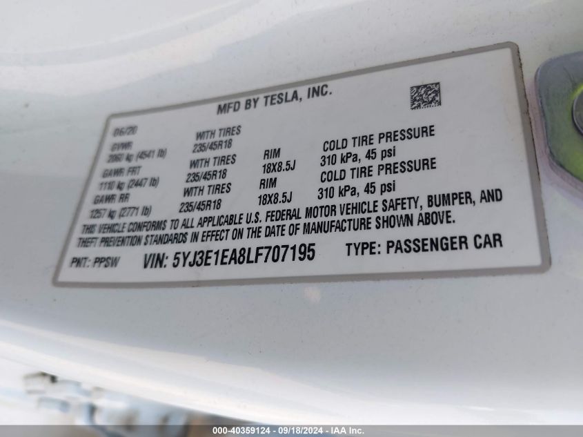 2020 Tesla Model 3 Standard Range Plus Rear-Wheel Drive/Standard Range Rear-Wheel Drive VIN: 5YJ3E1EA8LF707195 Lot: 40359124