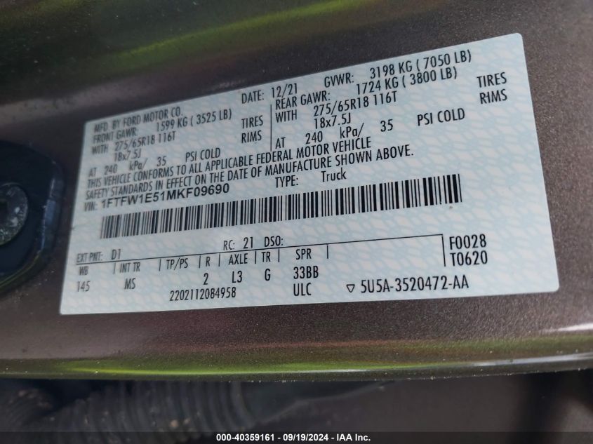 2021 Ford F-150 VIN: 1FTFW1E51MTF09690 Lot: 40359161