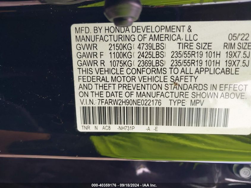 2022 Honda Cr-V Touring VIN: 7FARW2H90NE022176 Lot: 40359176