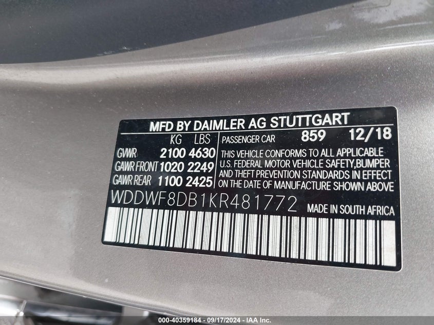 2019 MERCEDES-BENZ C 300 VIN: WDDWF8DB1KR481772