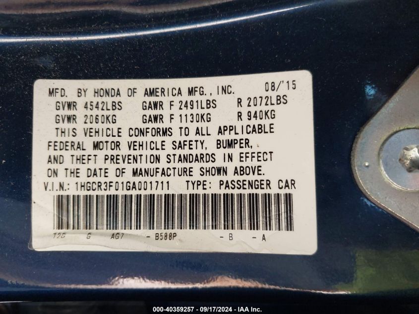 1HGCR3F01GA001711 2016 Honda Accord Ex-L V-6