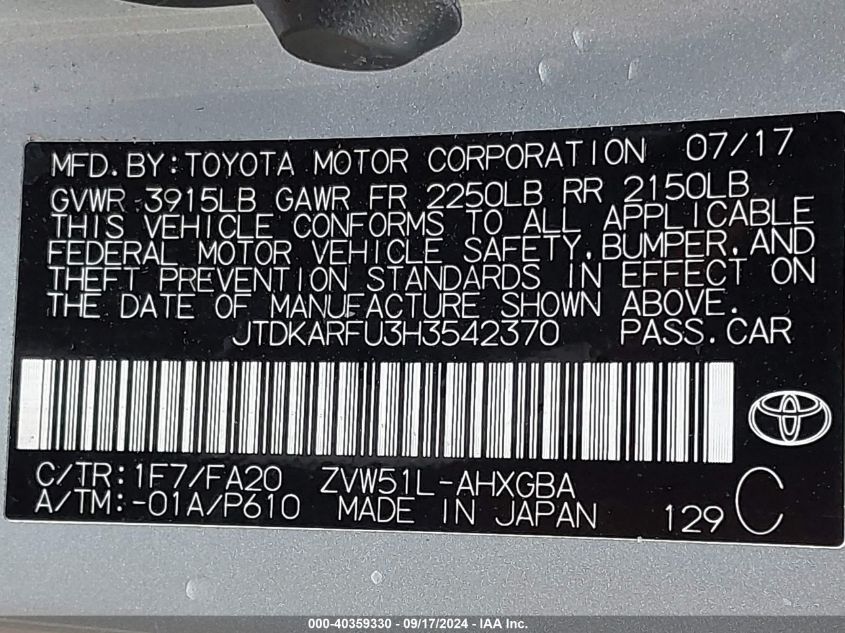 JTDKARFU3H3542370 2017 Toyota Prius Three