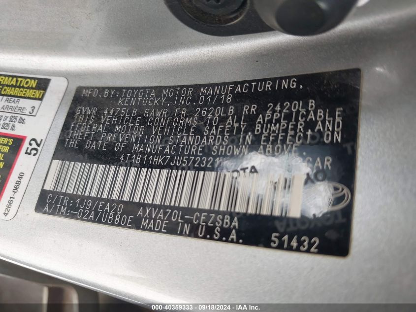 4T1B11HK7JU572321 2018 Toyota Camry L/Le/Xle/Se/Xse