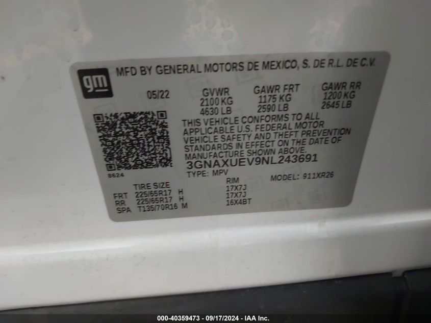 2022 CHEVROLET EQUINOX AWD LT - 3GNAXUEV9NL243691