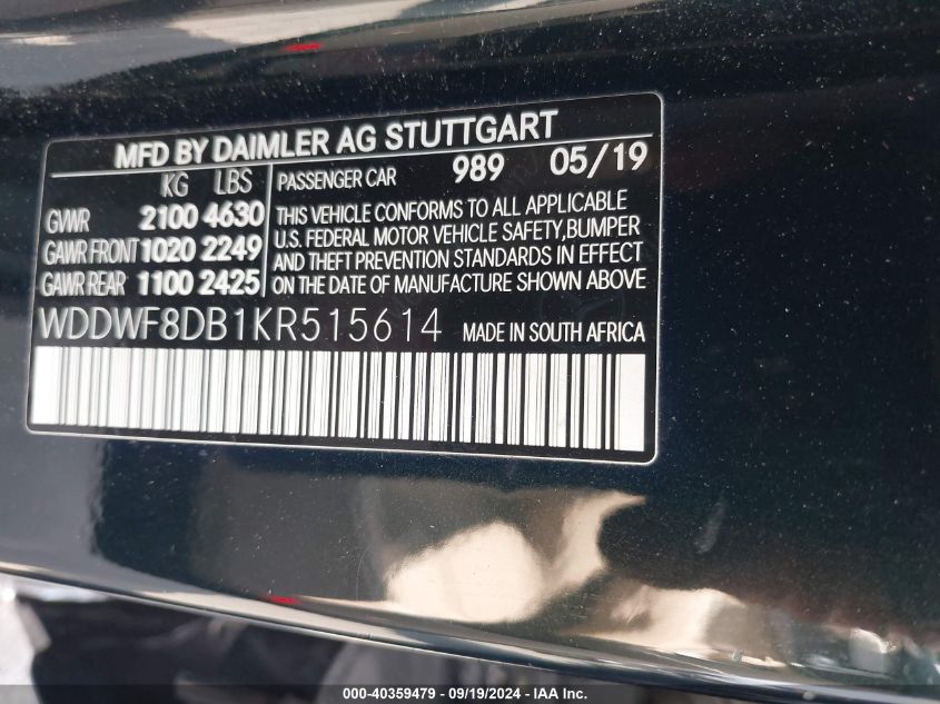 2019 Mercedes-Benz C 300 VIN: WDDWF8DB1KR515614 Lot: 40359479