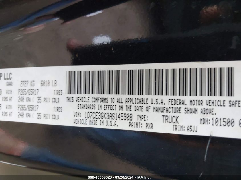 1D7CE3GK3AS145908 2010 Dodge Dakota Bighorn/Lonestar